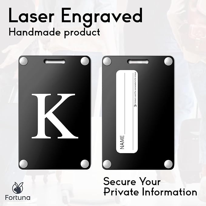 Premium 3-Layer Aluminum Luggage Tags by Fortuna - Easy to Claim, Laser-Engraved, Plastic-Free, and Eco-Friendly Luggage Tag Holders, 2-Pack, Black (K)