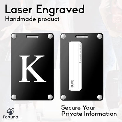 Premium 3-Layer Aluminum Luggage Tags by Fortuna - Easy to Claim, Laser-Engraved, Plastic-Free, and Eco-Friendly Luggage Tag Holders, 2-Pack, Black (K)