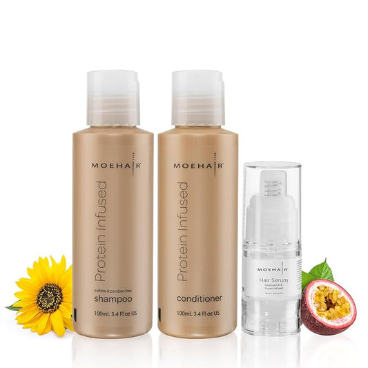 MOEHAIR Travel Kit | Protein Infused Shampoo and Conditioner Set with Frizz Control | Travel Size (3.4 Fl. Oz) Shampoo, Conditioner and Serum