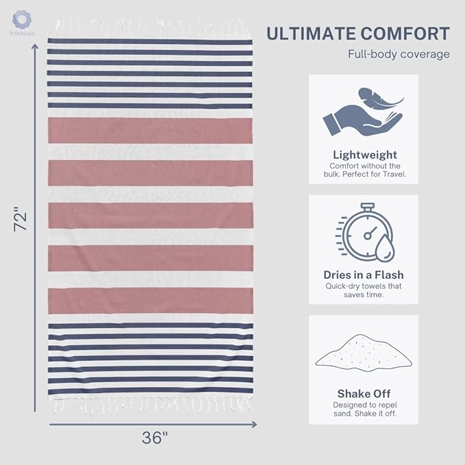 Cotton Turkish Beach Towel with Towels Oversized 36"x72" Pool Absorbent Extra Large Quick Dry Sand Travel Towel (Rosé & Riviera, 2 Pack)
