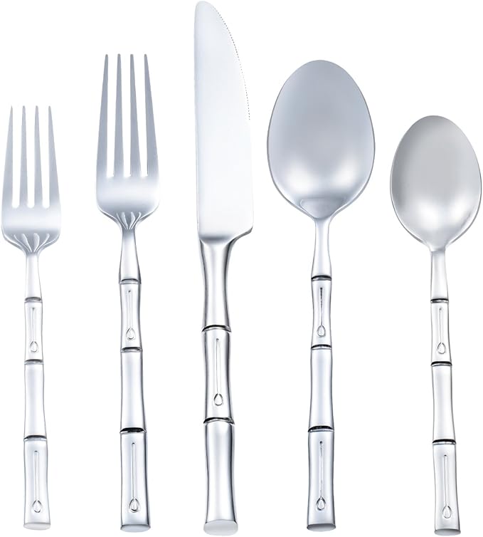 Silverware Set Stainless Steel Flatware Set 30 Pieces Cutlery Set Bamboo Handle Mirror Finished for Home Kitchen Restaurant Hotel Cutlery Set Service for 6