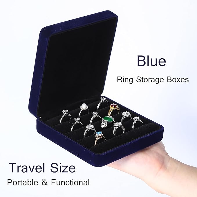 Ring Storage Boxes for Multiple Rings, Velvet Compact and Stylish Travel Jewelry case, Portable Small jewelry Organizer Box Tray Gift for Women, Girl(Blue)