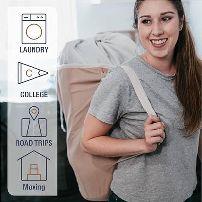 CleverMade Laundry Backpack Duffel Bag with Shoulder Straps - 62L / 16 Gal XL, Charcoal Cream,Drawstring Closure for Travel Clothes Gym College Dorm
