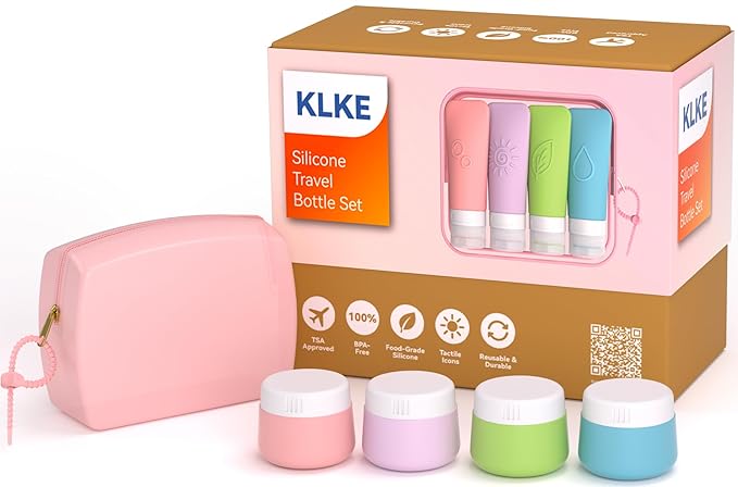 23-Piece All-in-One Silicone Travel Bottles Set – TSA Approved Leakproof Toiletry Kit with Double Bags, Flat Easy-Squeeze Bottles with Tactile Icons, Cream Jars, Pump & Spray, Cleaning Brush