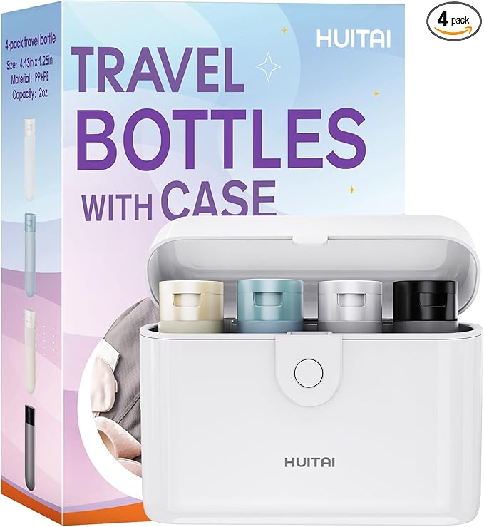 Travel Bottles with Case, 4x2oz TSA Approved, Leak-Proof, Press to Unlock, Compact & Portable Travel Toiletries (White)