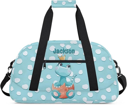 Personalized Duffel Bag for Kids Girls Boys, Dinosaur Spot Custom Name Gym Bag Overnight with Padded Handles Carry On Weekend Sports Travel Bag for School Practice Gymnastics Ballet