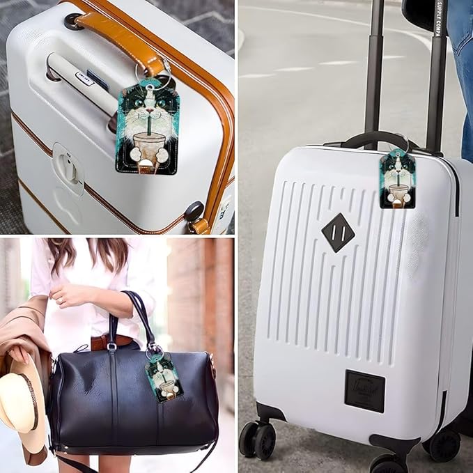 Funny PU Leather Luggage Tags 2-Pack Cat Drinking Coffee Cute Pattern Suitable for Suitcase Stainless Steel Loop and Address Card Essential for Cruise and Airport Travel for Men and Women