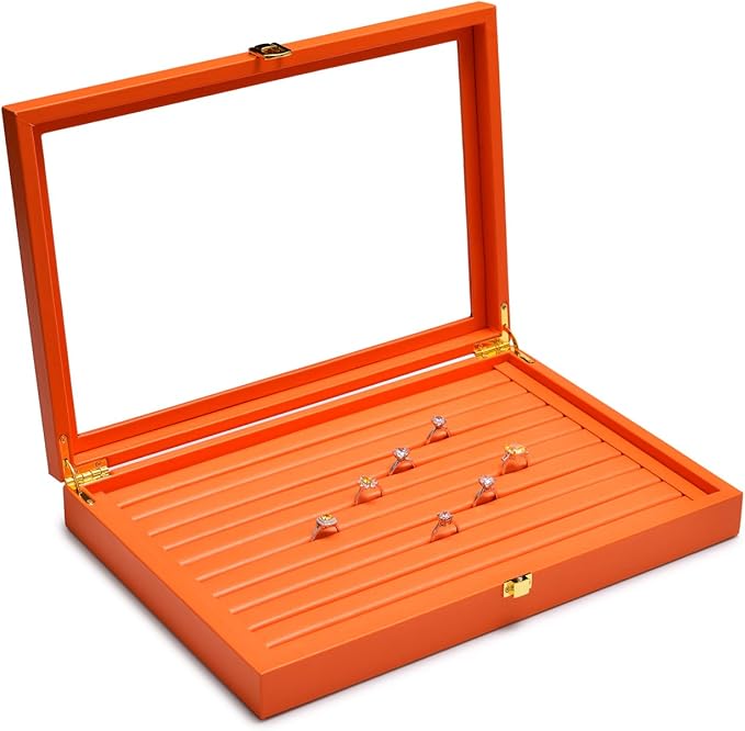 Oirlv Premium Leather Jewelry Display Tray with Acrylic Lid Ring Earrings Organizer Box Clear Lid Drawer Insert for Women