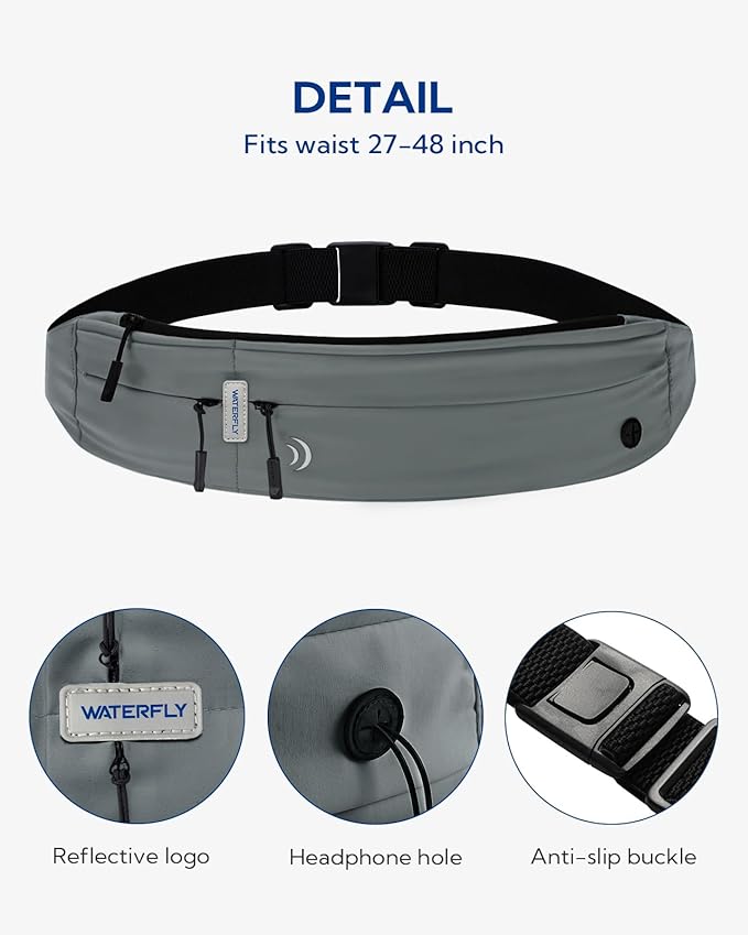 WATERFLY Running Belt Fanny Pack: Runner Marathon Jogging Waist Pack Sport Workout Exercise Fitness Phone Holder Belt for Men Women Jogger Slim Waistband Black