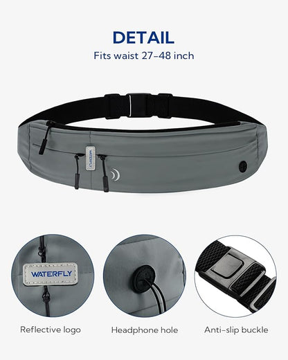 WATERFLY Running Belt Fanny Pack: Runner Marathon Jogging Waist Pack Sport Workout Exercise Fitness Phone Holder Belt for Men Women Jogger Slim Waistband Black