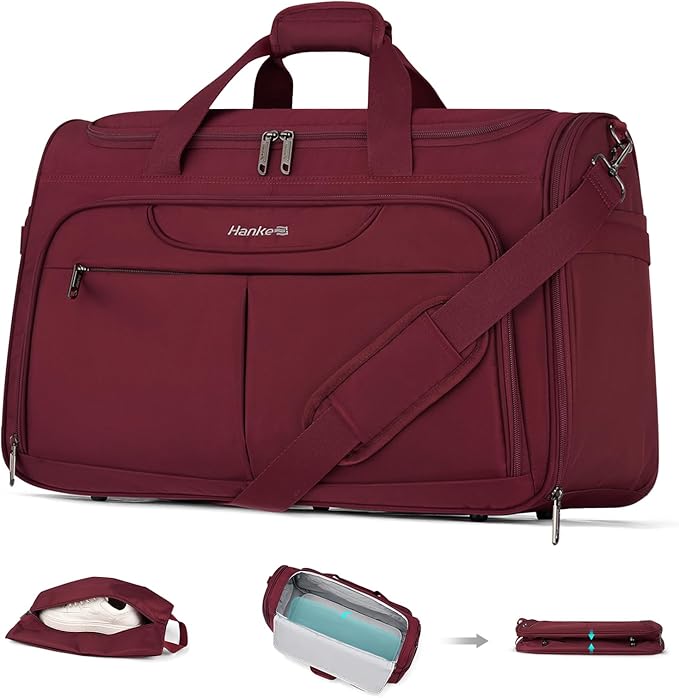 Hanke Carry On luggage Bags for Travel, Large Foldable Duffle Bag for Travel, Softside Lightweight Travel Bag Carry On Bags for Airplanes Women, Travel Tote Bags for Women Men.（Burgundy）