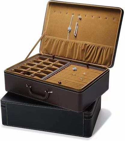 Jewelry Trays stacks Carriable with Handle Zipper Box Organizer Faux-Leather Accessory Case Storage(L6 Layers)