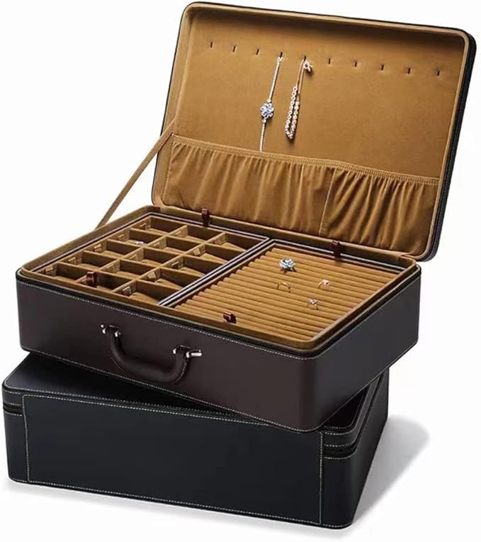 Jewelry Box Carriable Large Commercial Organizer with Handle Zipper Faux-Leather Accessory Case Storage with Trays Gift for Women Men Jeweler(XL6-BK)