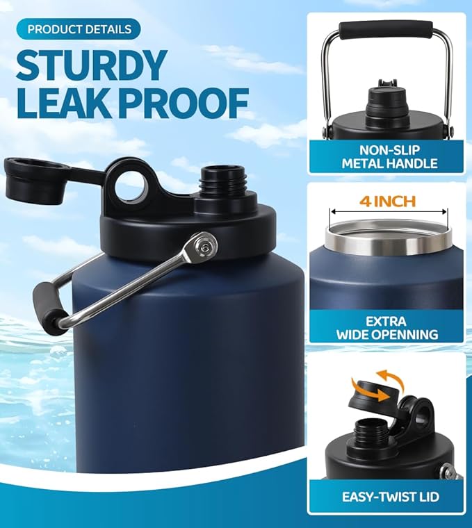 Insulated Water Bottle, 1 Gallon Jug with Handle, 128 oz Stainless Steel Large Water Bottle Wide Mouth Double Vacuum for Hot & Cold Drinks, Navy Blue