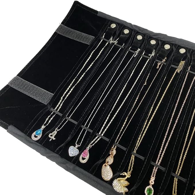 Portable Jewelry Roll Untangled Secure Necklace Travel Storage Bag Displays Holder 16 Chain (black PU and velvet)
