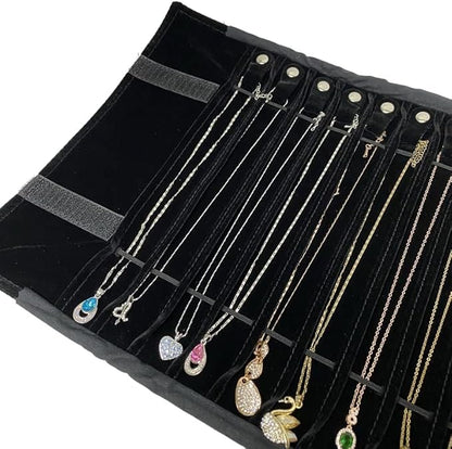 Portable Jewelry Roll Untangled Secure Necklace Travel Storage Bag Displays Holder 16 Chain (black PU and velvet)