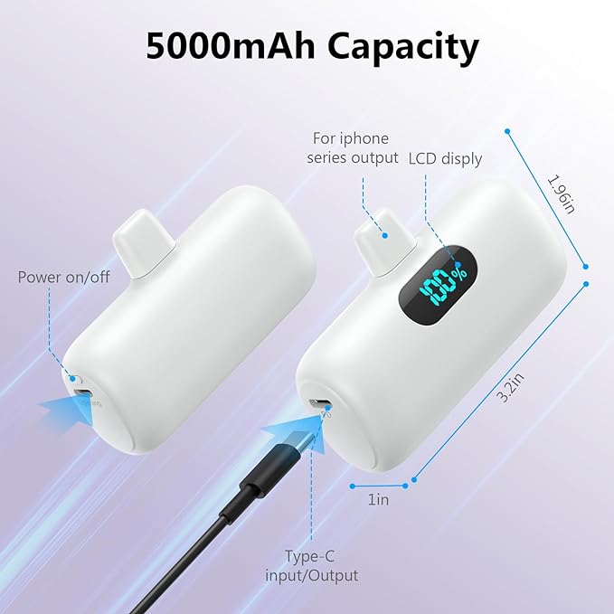 Mini Portable Charger for iPhone,Upgraded 5000mAh PD Fast Charging Battery Pack,LCD Display Cute Power Bank Portable Phone Charger for iPhone 14/14 Pro Max/13/13 Pro/12 Pro/11/XS/XR/X/8/7/6-White