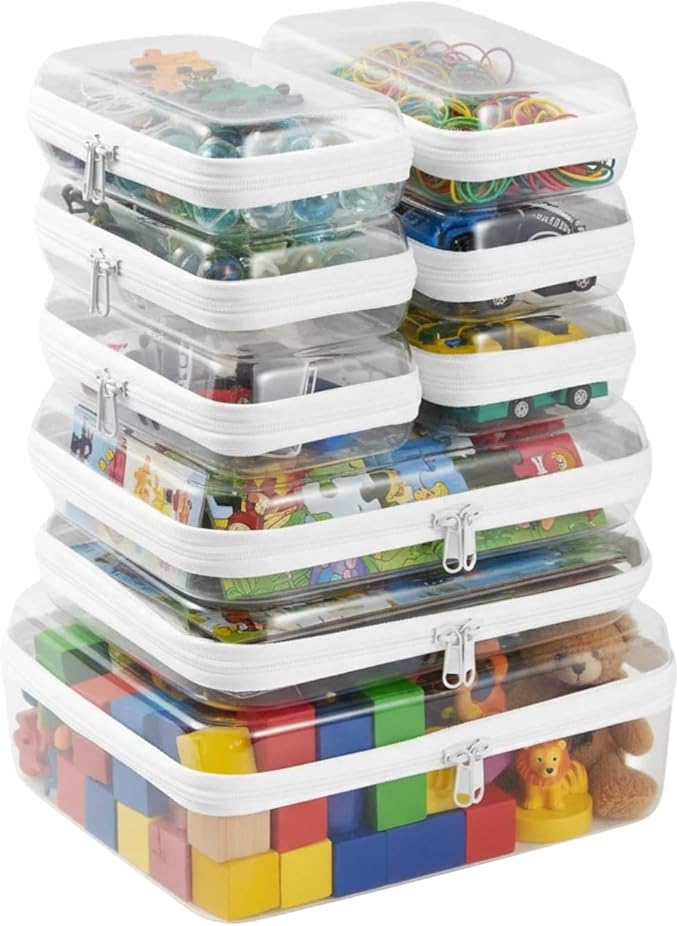 9 pcs Zipper Pouches Nesting Set, Hard Shell Toiletry Bag, Stackable Travel Organizer, Cosmetic Bags, Transparent Diaper Bag, Storage Cases (1 Tall M + 2M + 6S)