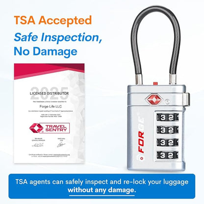 Forge TSA Approved Luggage Locks 4 Digit Combination TSA Travel Locks with TSA008, Open Alert Indicator, Zinc Alloy Body for Luggage, Suitcase, Backpack, and More. Silver 2 Locks.