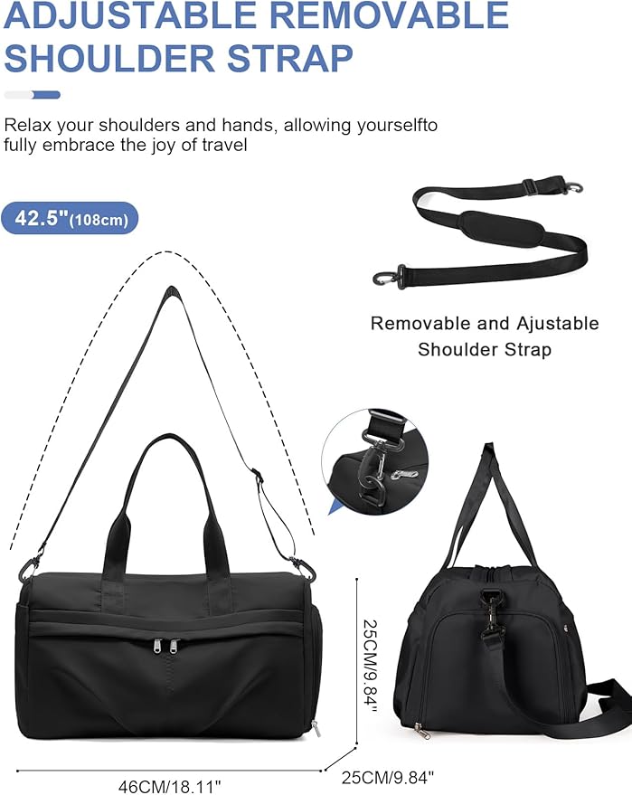 Gym Bag for Women Men, Sport Duffel Bag with Toiletry Bag & Shoe Compartment,Waterproof Travel Weekender Overnight Carry on Bag for Yoga with Trolley Sleeve, Black Set