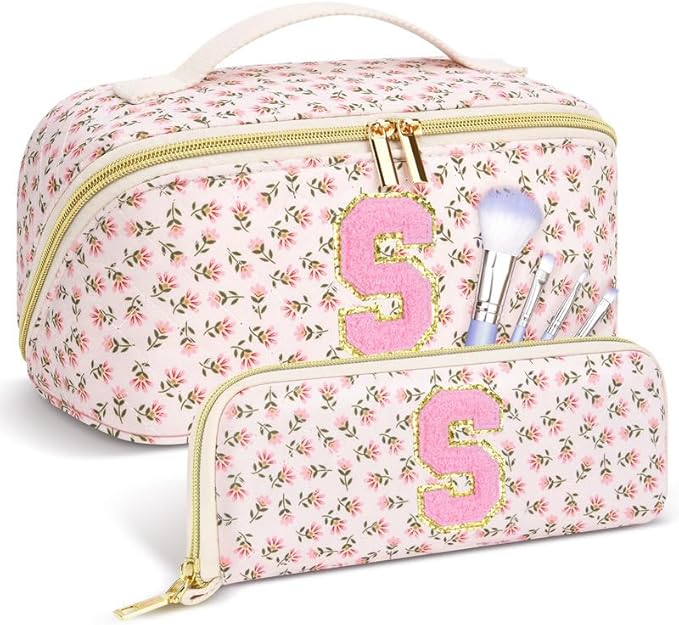 Personalized Travel Makeup Bag Set,Initial Travel Cute Floral Makeup Organizer Bag,Toiletry Skincare Cosmetic Bag,Christmas Gifts for Women/Girls,Open Flat Toiletry Pouch with Brush Pocket-S
