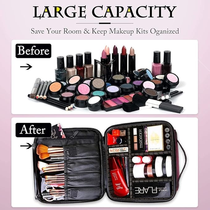 gzcz Travel Makeup Bag,Portable Makeup Case for Women,Professional Cosmetic Train Case Organizer Artist Storage Bag With Adjustable Dividers Brushes Toiletry Jewelry Digital Accessories