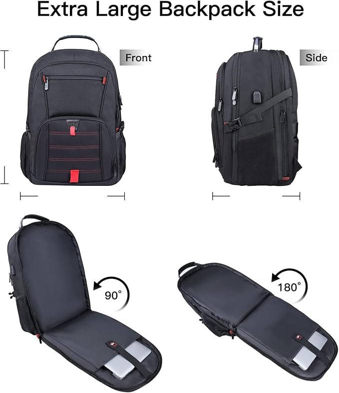 Extra Large Travel Laptop Backpack, 17.3 Inch Carry on Backpack for Men Women with USB Port, 50L Anti Theft Water Resistant College Bussiness TSA Airline Approved Work Computer Backpack, Black