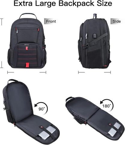Extra Large Travel Laptop Backpack, 17.3 Inch Carry on Backpack for Men Women with USB Port, 50L Anti Theft Water Resistant College Bussiness TSA Airline Approved Work Computer Backpack, Black