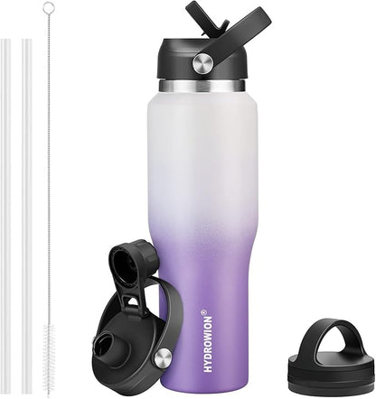 HYDROWION Stainless Steel Water Bottle, 32oz Tumbler Water Flask W/Straw Lid, Spout Lid and Flex Cap, Insulated Water Bottle (Cold for 48 Hrs,Hot for 24 Hrs) Fit in Any Car Cupholder,White&Purple