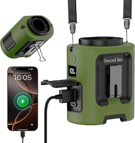 Socool Portable Waist Fan 5000mAh Rechargeable Mini Clip On Personal Fans with 13000RPM & 4 Adjustable Speeds, 25H Cooling Wearable Shirt Belt Hanging Neck Fan for Outdoor Working Jobsite (Green)