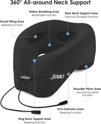 jiaao Memory Foam Travel Neck Pillow for Airplane- 360° Ergonomic Head and Neck Support for Flight, Car, Train, Bus - Soft Travel Pillow for Side & Back Sleepers with Travel Pouch（Black）
