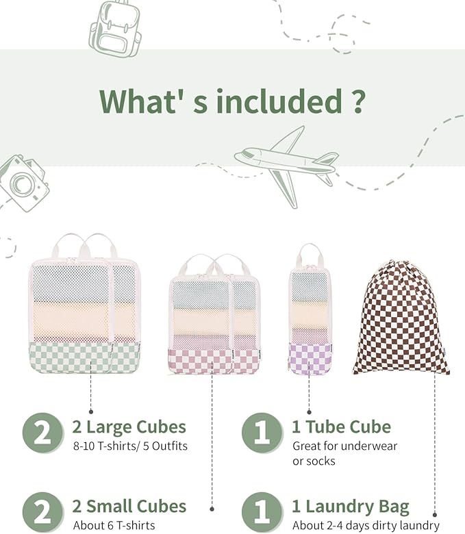 Narwey 6 Set Compression Packing Cubes for Travel Kids Women Carry on, Packing Organizers Bag for Backpack Luggage Suitcase Duffle Bags