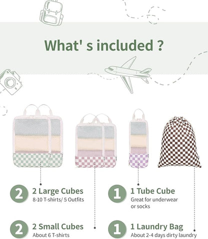 Narwey 6 Set Compression Packing Cubes for Travel Kids Women Carry on, Packing Organizers Bag for Backpack Luggage Suitcase Duffle Bags