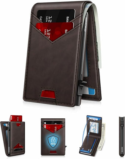 Wallet for Men Wallet with Slim Pop Up Card Holder for 12-14 Cards, RFID Blocking Bifold Minimalist Smart Wallet, Credit Card Holder with ID Window & Cash Slot, Compact Metal Card Case, Gifts for Men