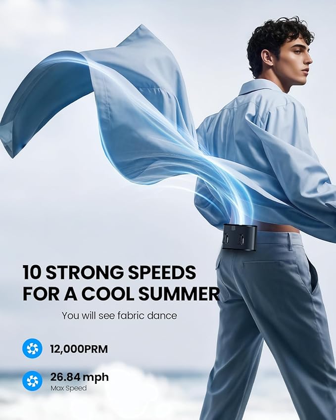 coldSky Portable Waist Fan, Upgraded 10 Speeds Personal Fan Clip On Shirt, 20000mAh Rechargeable Neck Fans With 3 Lights, LED Display, Wearable Fans for Outdoor, Jobsite, Camping, Travel
