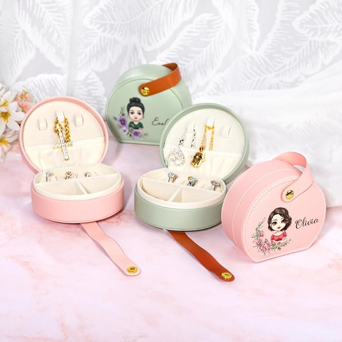 callie Personalized Travel Jewelry Case, Custom Cartoon Character Birth Flower Name on Leather Travel Jewelry Organizer, Birthday Gifts Bridesmaid Gifts for Women Girlfriend