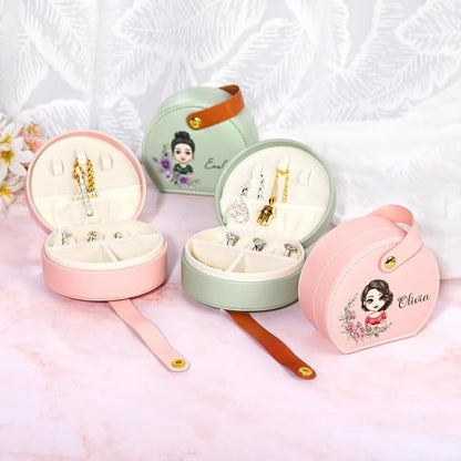 callie Personalized Travel Jewelry Case, Custom Cartoon Character Birth Flower Name on Leather Travel Jewelry Organizer, Birthday Gifts Bridesmaid Gifts for Women Girlfriend