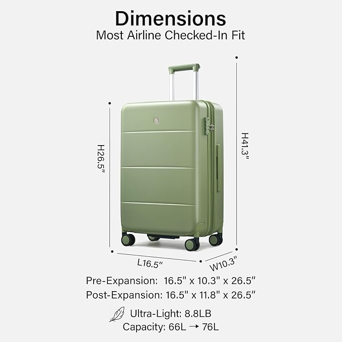 Hanke Expandable 24 Inch Luggage with Spinner Wheels, Hardside Medium Checked luggage, All-PC Hard Shell Suitcase, TSA Lock, Lightweight Checked-Medium (Bamboo Green, 76L)