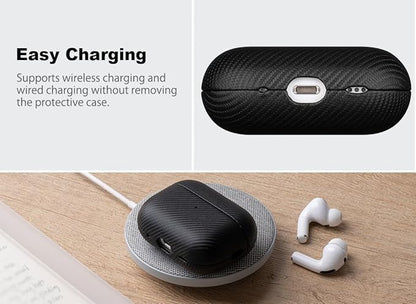 for AirPods Pro 3 Case Cover - Selected Vegan Leather, Carbon Fibre Texture, Handmade Drop Protective Hard Cover, Qi and MagSafe Charging Compatible - AirPods Pro 3rd Generation Case - Black