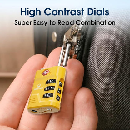 SURE LOCK TSA Locks for Luggage, TSA Approved Luggage Locks with Open Alert, 008 Key for High Security, Easy Read Dials, Zinc Alloy Body, Locker Lock for Suitcase, Gym, Travel(Yellow 4 pk)