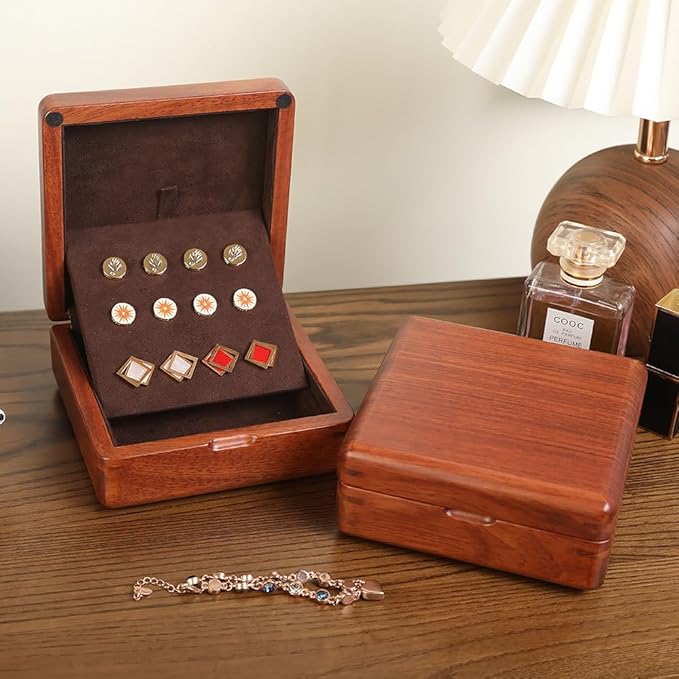 Solid Rosewood Cufflink Organizer Storage Box Genuine Wood Jewelry Case for 12 Cufflinks, Rings, Earrings Compact Travel Gift with Velvety Lining (Dark Brown/Light Coffee)