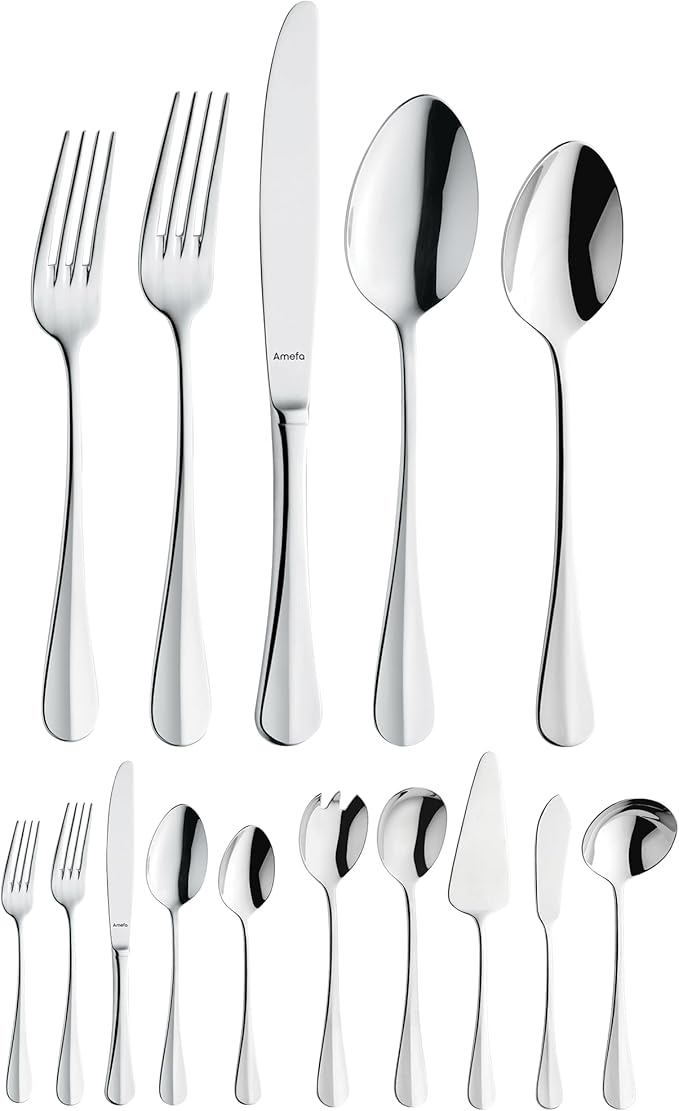 Amefa Baguette 45-Piece Flatware, Set for 8 – Stainless Steel Silverware, Polished Mirror Finish, Rust-Resistant Cutlery with Dinner Forks, Knives, Spoons, Salad Forks & Teaspoons for Everyday Dining