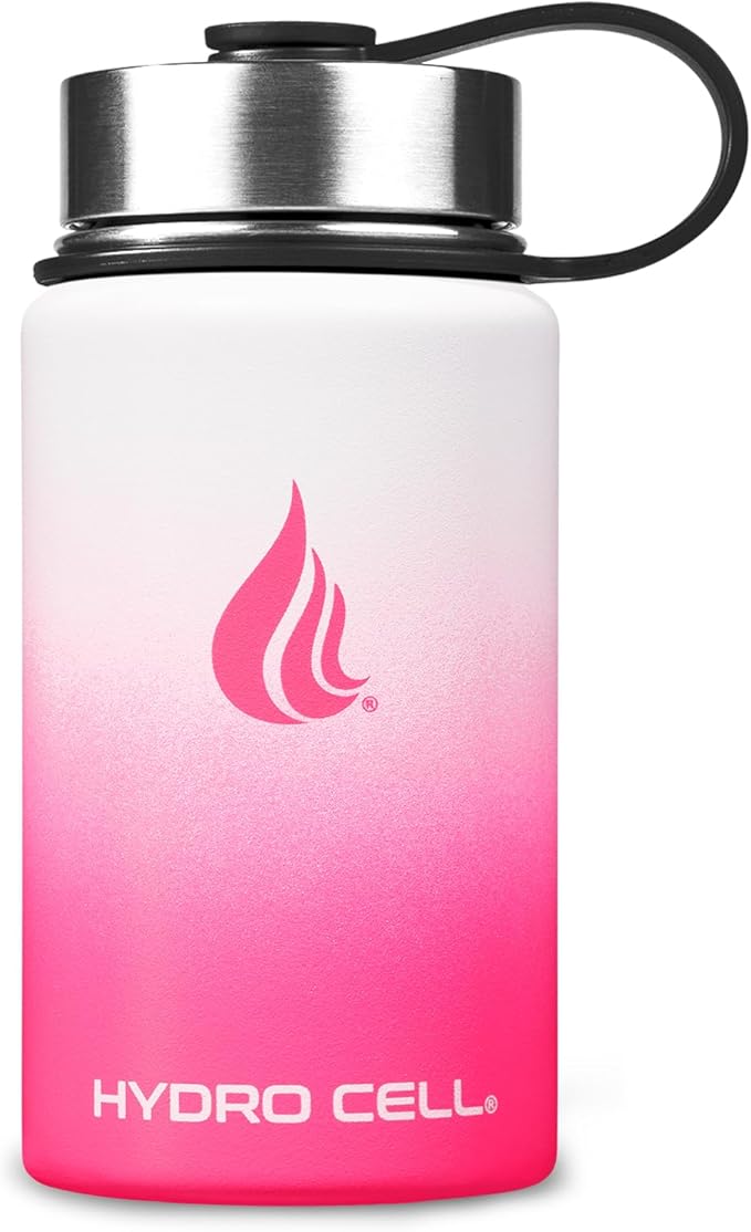 HYDRO CELL Stainless Steel Insulated Water Bottle with Straw - For Cold & Hot Drinks - Metal Vacuum Flask with Screw Cap and Modern Leakproof Sport Thermos for Adults (White/Pink 14oz)