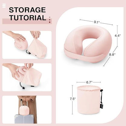 Car Pillow for Big Kids Travel Neck Pillows, Memory Foam Neck Support Travelling Pillow with Washable Cotton Pillowcases and Storage Bag, for Airplane, Train, Flight and Home Use Pink