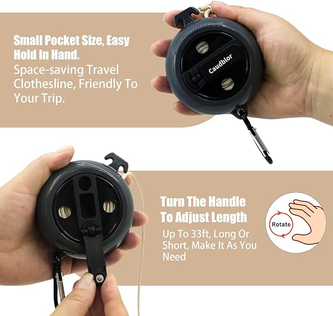 Portable Travel Clothesline Cord, Caudblor Adjustable 33ft Camping Clothes line, Laundry Drying Rope for Hotel Trip, Cruise, Outdoor/Indoor, with 12Pcs Stoppers, Windproof Clothespins