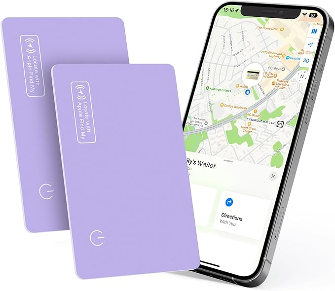 Eelexa Wallet Tracker Card, Rechargeable Thin Finder, Works with Apple Find My (iOS Only), Item Locator for Luggage Tags, Passports, Phone, IP68 Waterproof, Purple 2 Pack