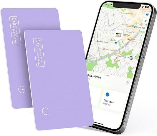 Eelexa Wallet Tracker Card, Rechargeable Thin Finder, Works with Apple Find My (iOS Only), Item Locator for Luggage Tags, Passports, Phone, IP68 Waterproof, Purple 2 Pack