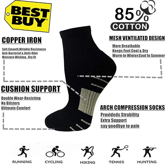Iseasoo Copper Ankle Compression Socks - Low Cut Arch Support Socks for Men & Women, Running, Nurses, Plantar Fasciitis Socks