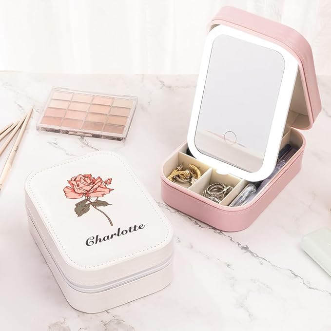 Custom Jewelry Box With LED Light and Makeup Mirror Leather Travel Jewelry Case Organizer Personalized Birth Flower Name Jewelry Boxes For Women