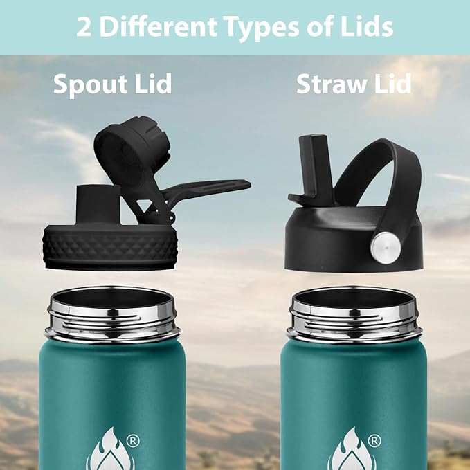 Insulated Water Bottle 32 oz with Straw, Stainless Steel Wide Mouth Water Bottle, Double Wall Vacuum Leak Proof with Straw Lid & Spout Lid for Sports or Office, Keep Cold or Hot Up to 24 Hrs